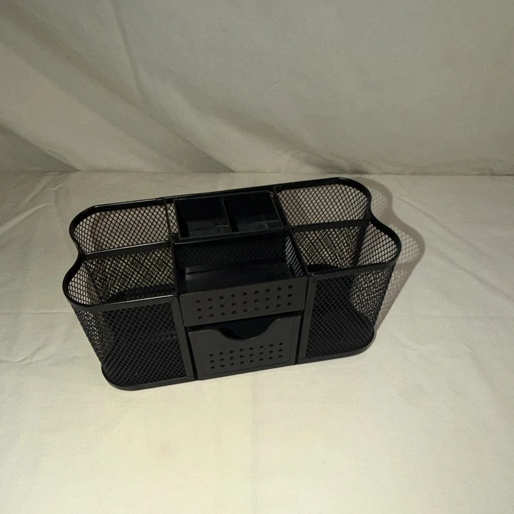 BLACK MESH DESK OFFICE ORGANIZER  PEN/PENCIL HOLDER POST IT NOTE AND DRAWER